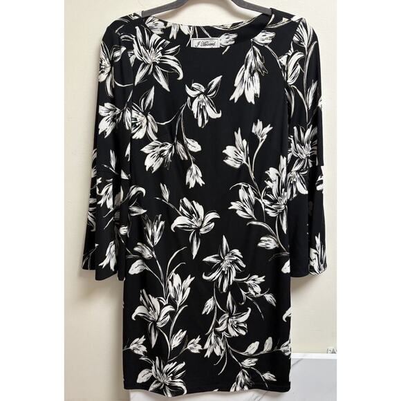 J Howard Black and White with Gold Trim Floral Design Knee Length Dress Size 6 - Picture 1 of 4